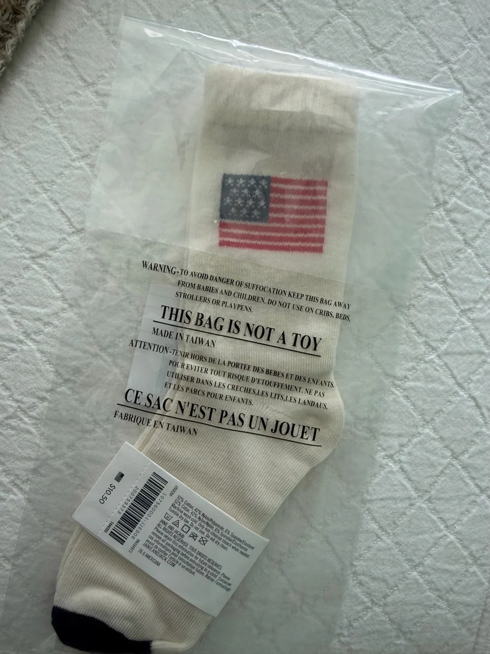 Janie and Jack Cream Socks with American Flag and Navy Toe size 2 to 5 years NWT